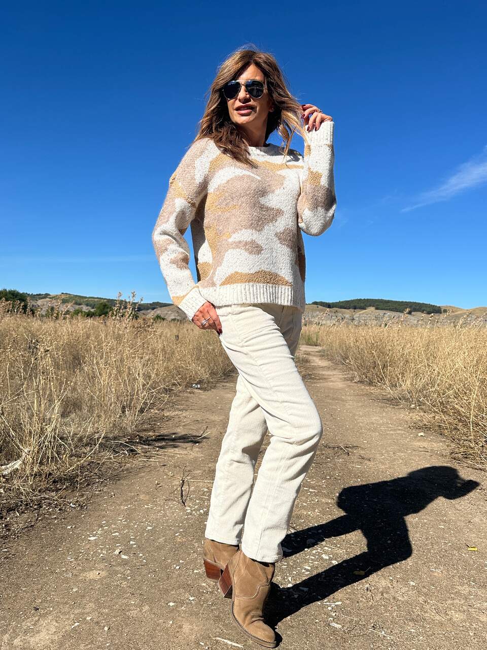 Jersey punto Jacquard manga larga en beige tostados y marrones Neandnu