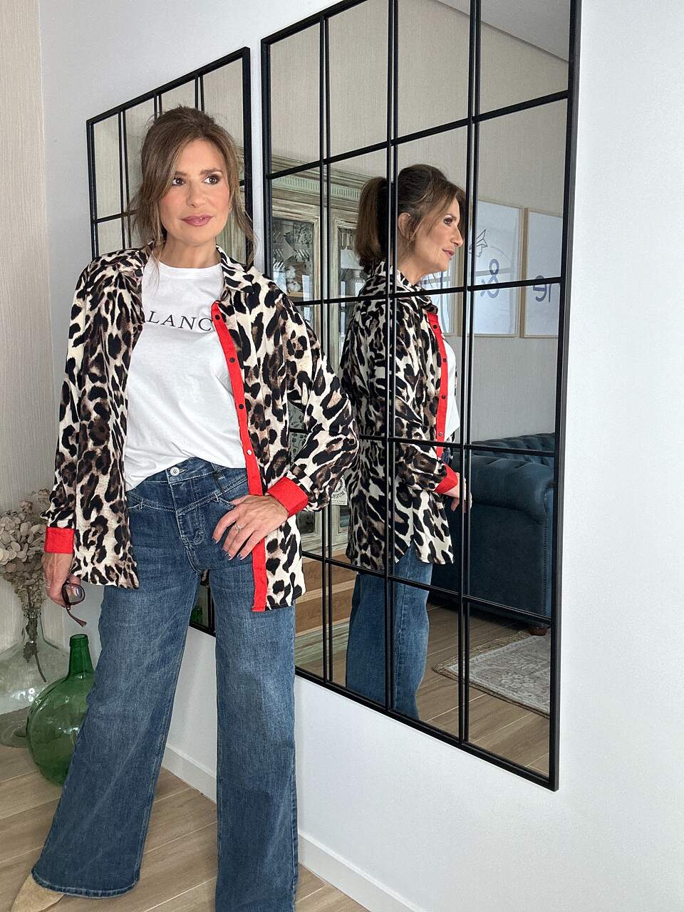 camisa leopardo extragrande detalles rojos estampado animal cuello en contraste largo asimetrico neandnu