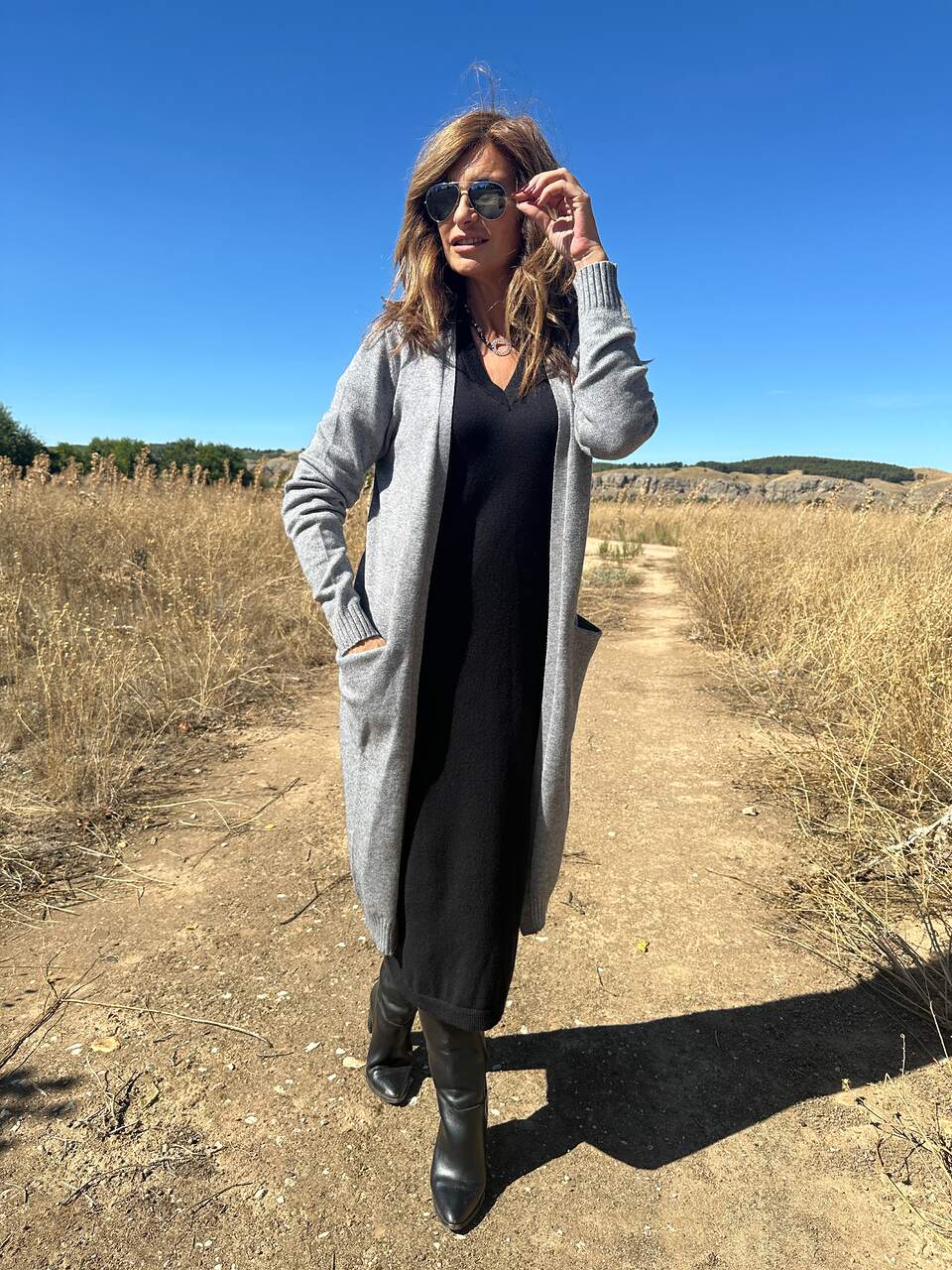 Cardigan punto maxi gris manga larga bolsillos delanteros Neandnu