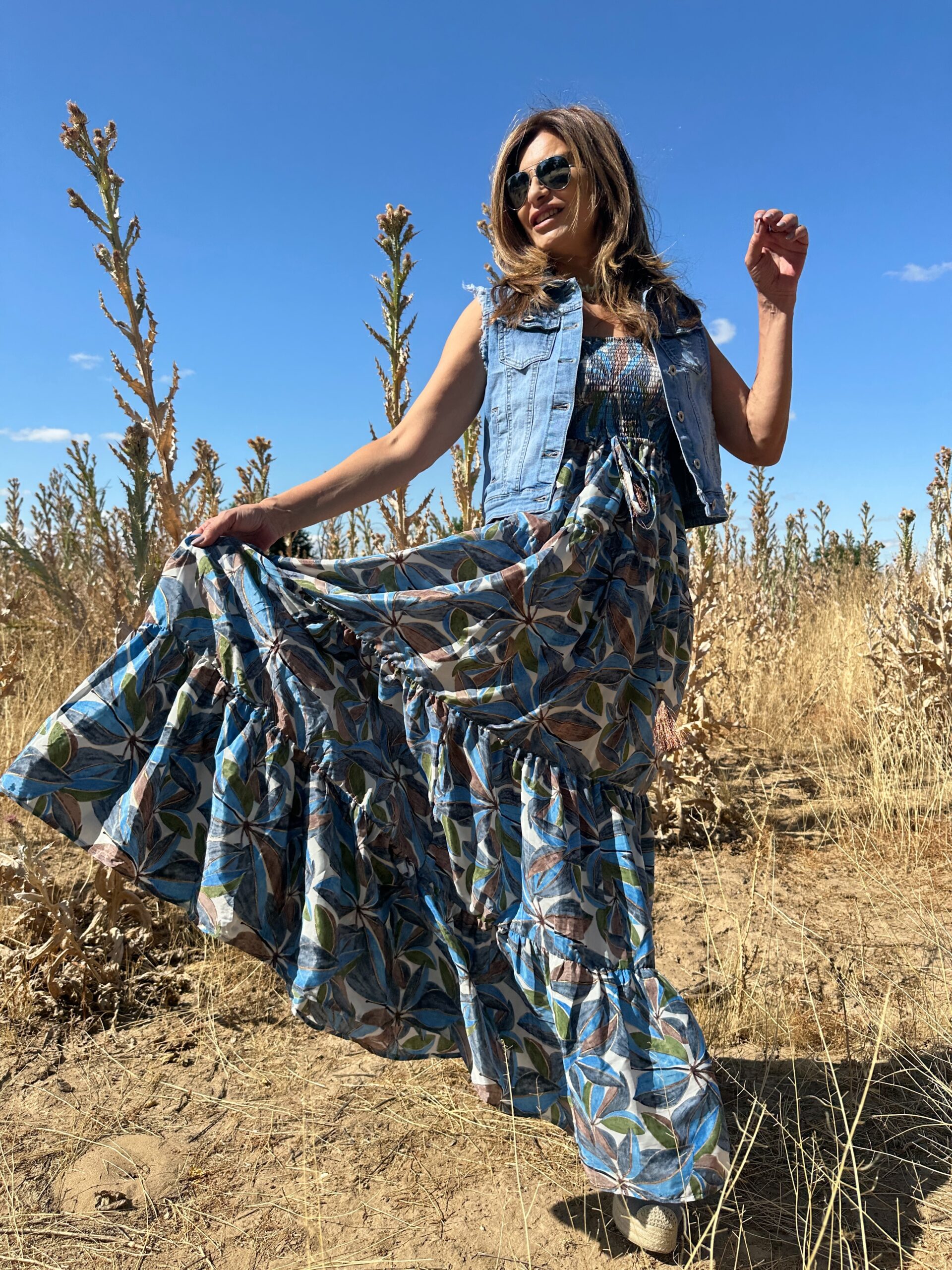 vestido maxi seda escote palabra de honor en nido de abeja amplio vuelo en los volantes estampado fantasía de motivos vegetales Neandnu