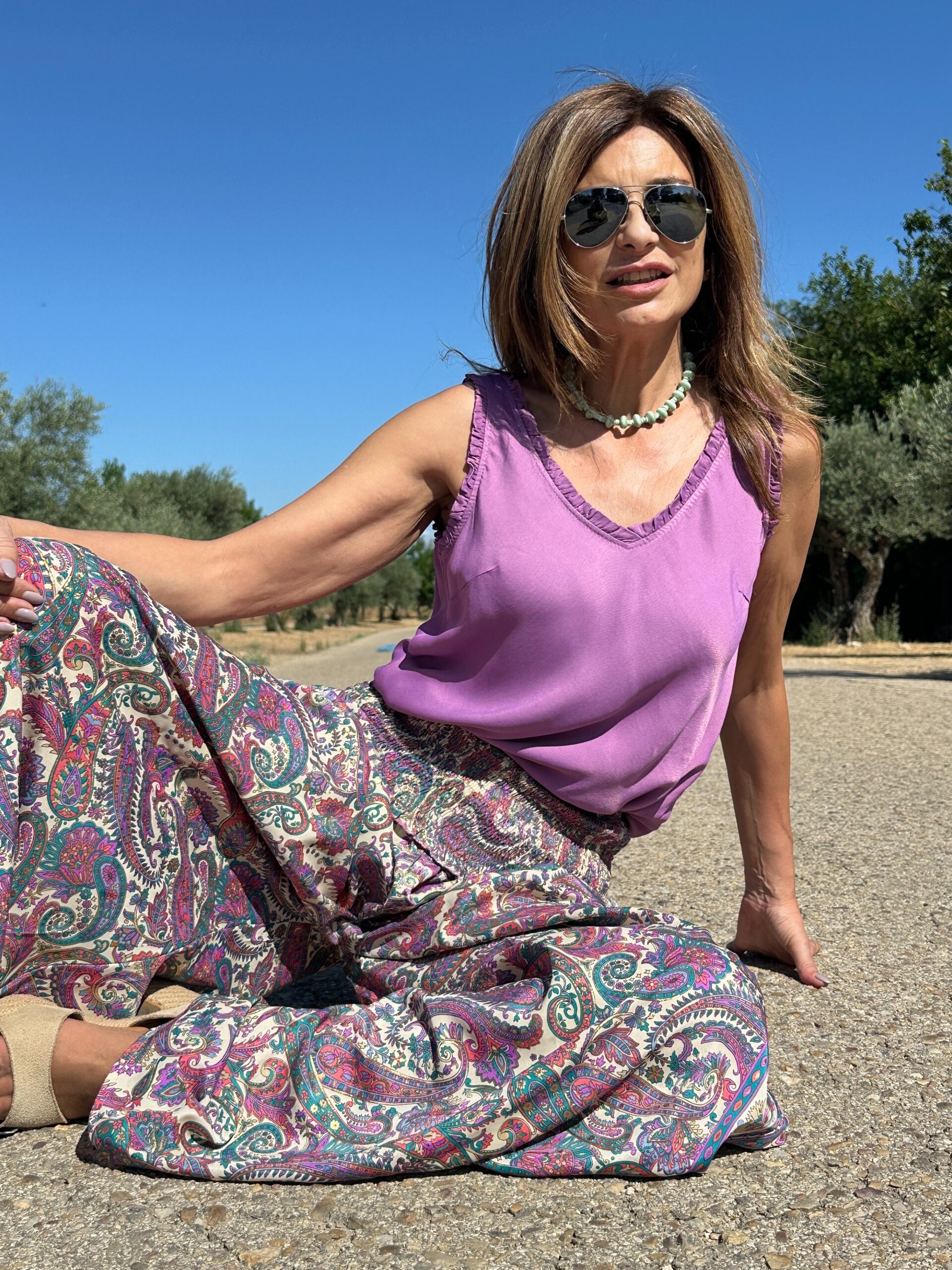 Pantalón maxi de seda cinturilla ancha de nido de abeja gran estampado Pasley Multicolor Neandnu
