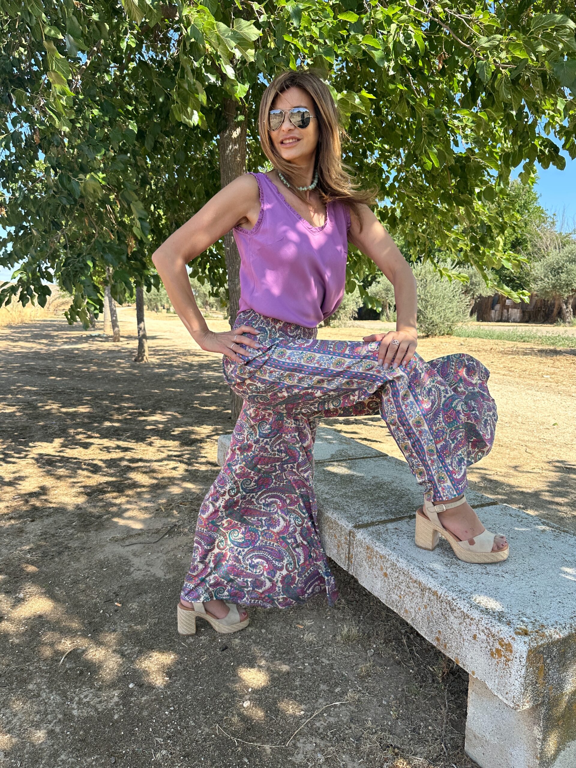 Pantalón maxi de seda cinturilla ancha de nido de abeja gran estampado Pasley Multicolor Neandnu