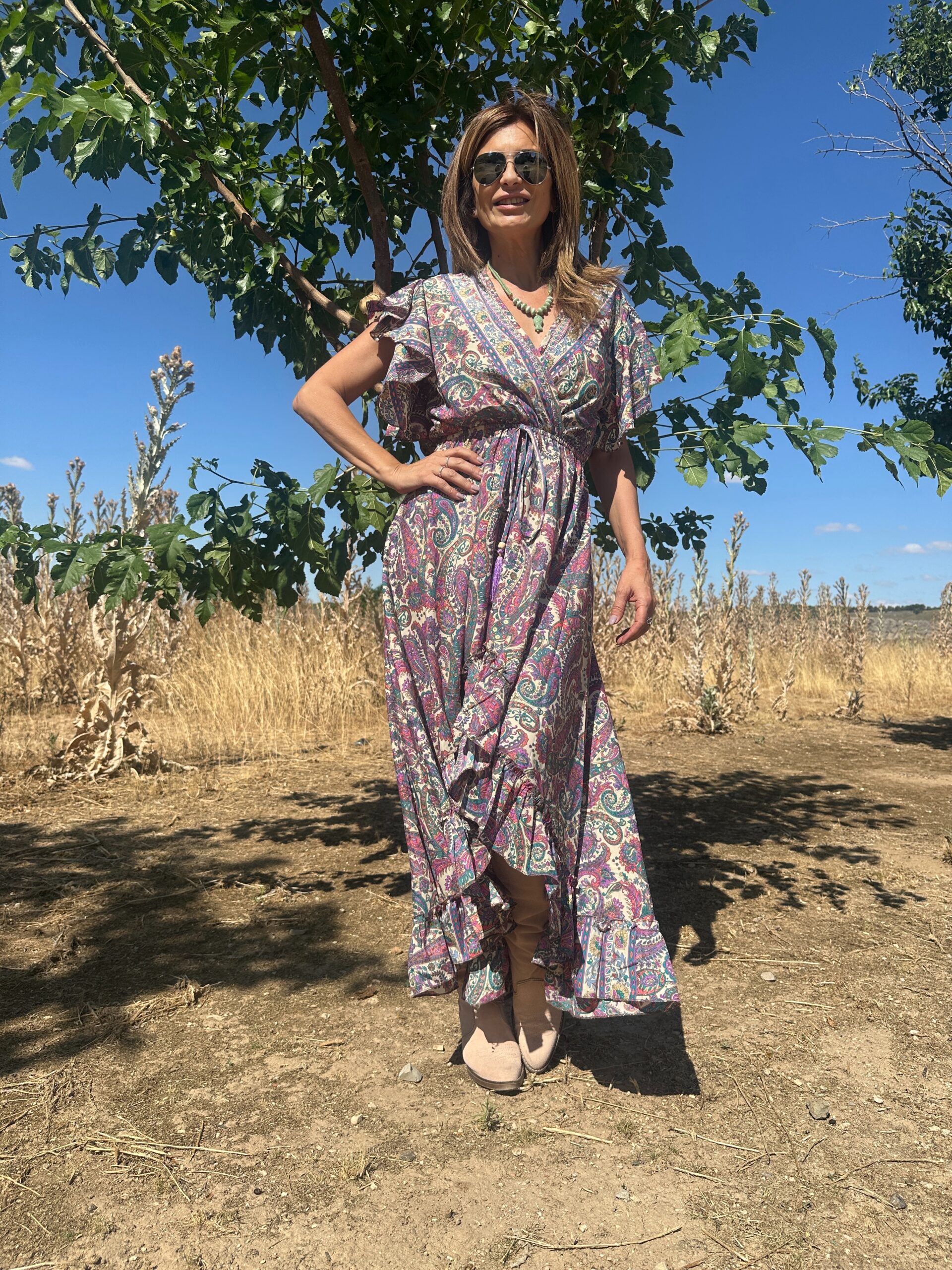 Vestido seda asimétrico manga corta con volantes cintura elástica cordones de pompones decorativo estampado paisley multicolor Neandnu