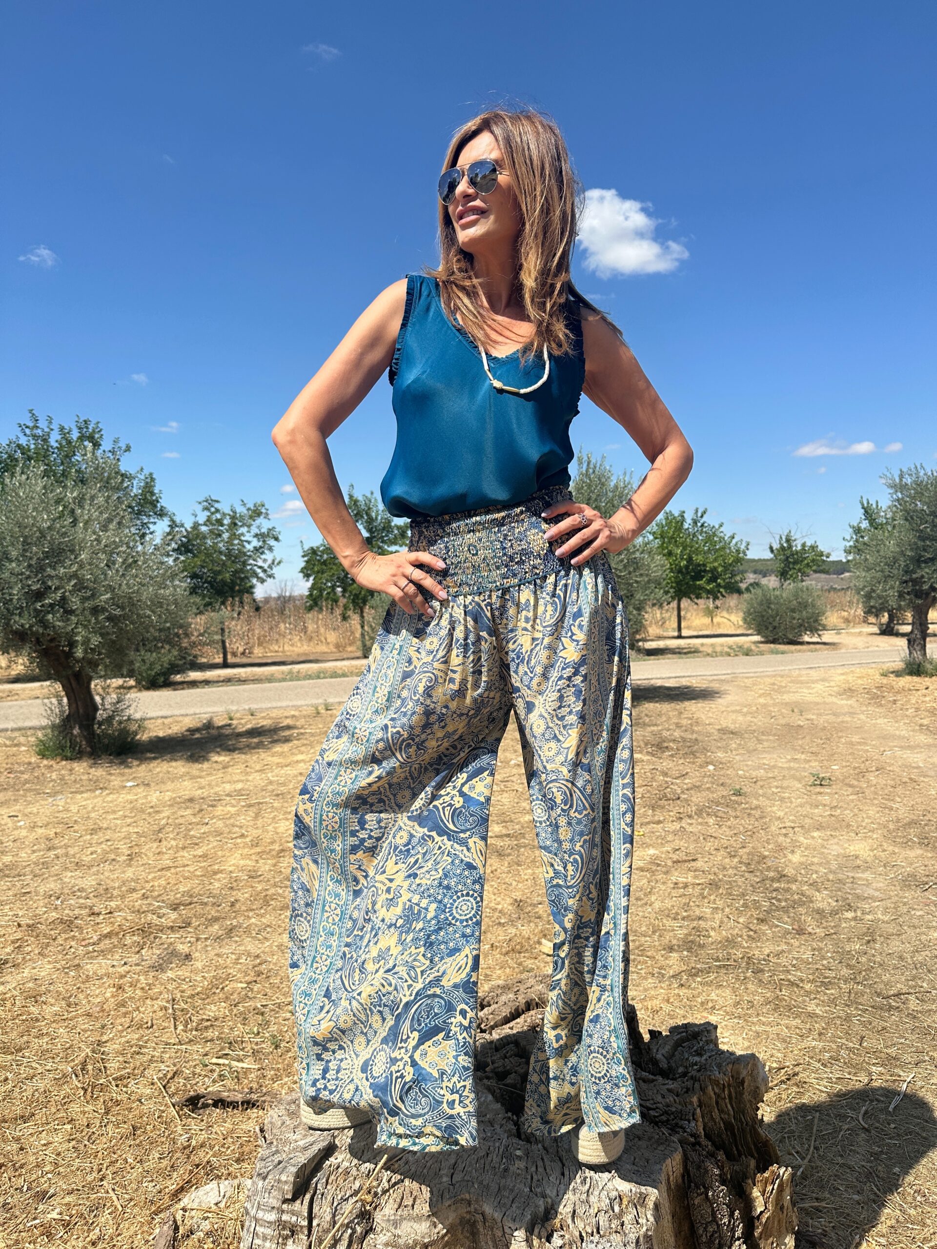 Pantalon maxi de seda cinturilla ancha de nido de abeja gran estampado Pasley sobre fondo azul Neandnu